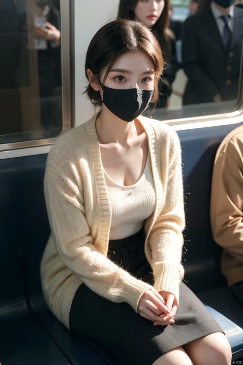 masterpiece,ultra realistic photography,photorealistic, 8k, detailed eye, 1girl, (sitting on subway seat:1.3), (black mask:1.3), soft knitted cardigan, short hair, from above, ((poakl))