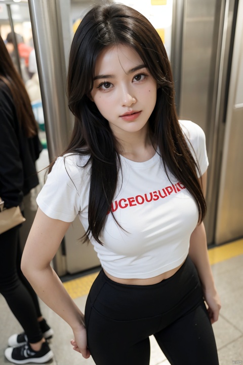 masterpiece,ultra realistic photography,photorealistic, 8k, 1girl, students girl, (standing on subway), cute T-shirt, Rough skin,  long hair, black leggings,from above, soft light, smile, Freckles, 