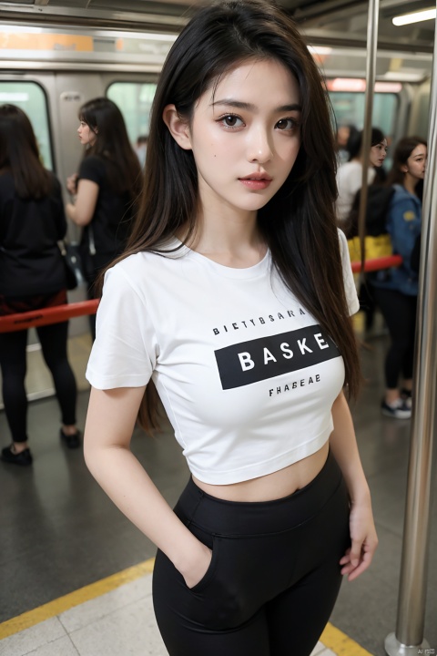 masterpiece,ultra realistic photography,photorealistic, 8k, 1girl, students girl, (standing on subway), cute T-shirt, Rough skin,  long hair, black leggings,from above, soft light, smile, Freckles, 