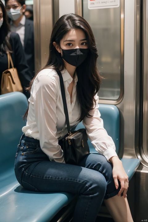 masterpiece,realistic photography,8k, 1girl, (sitting on subway seat:1.3), (black mask:1.3), solo,looking_at_viewer, jeans,black hair,long hair,long legs, High heels, black suit, white shirt, wavy hair,