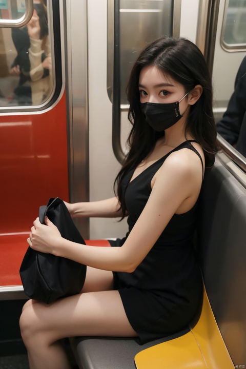 masterpiece,ultra realistic photography,photorealistic, 8k, 1girl, (sitting on subway seat:1.3), (black mask:1.2), solo,black_wavy hair, from above, 