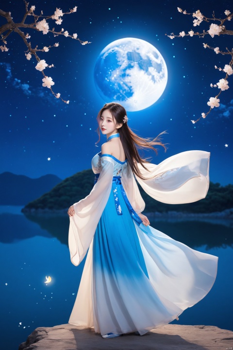  1girl,chinese hanfu,bare_shoulders,breasts,flying to the moon,full body,long hair,princess dress,starry sky,off-shoulder_dress,full moon,sea,blue theme,gradient,silhouette,rabbit,Chinese text,cloud,flower,