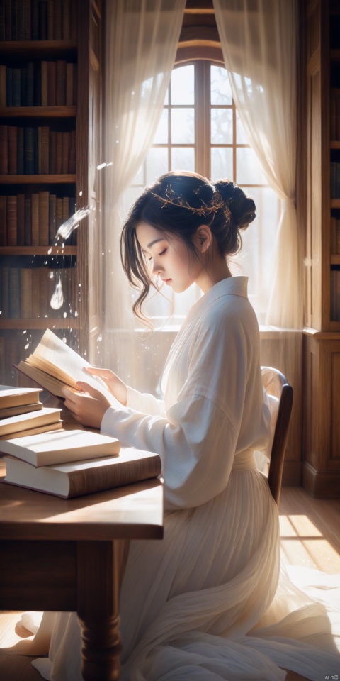  A young girl is immersed in a world of books, creating a vivid image before us.

The room, filled with soft hues of light, exudes an atmosphere of tranquility and serenity. Sunlight filters through the windows, casting warm, golden rays across the wooden bookshelves and the polished wooden table.

She sits at the table, the pages of her favorite novel turning with delicate fingers as she loses herself in its story. Her dark hair, pinned up behind her head, frames her face like a waterfall of ink.