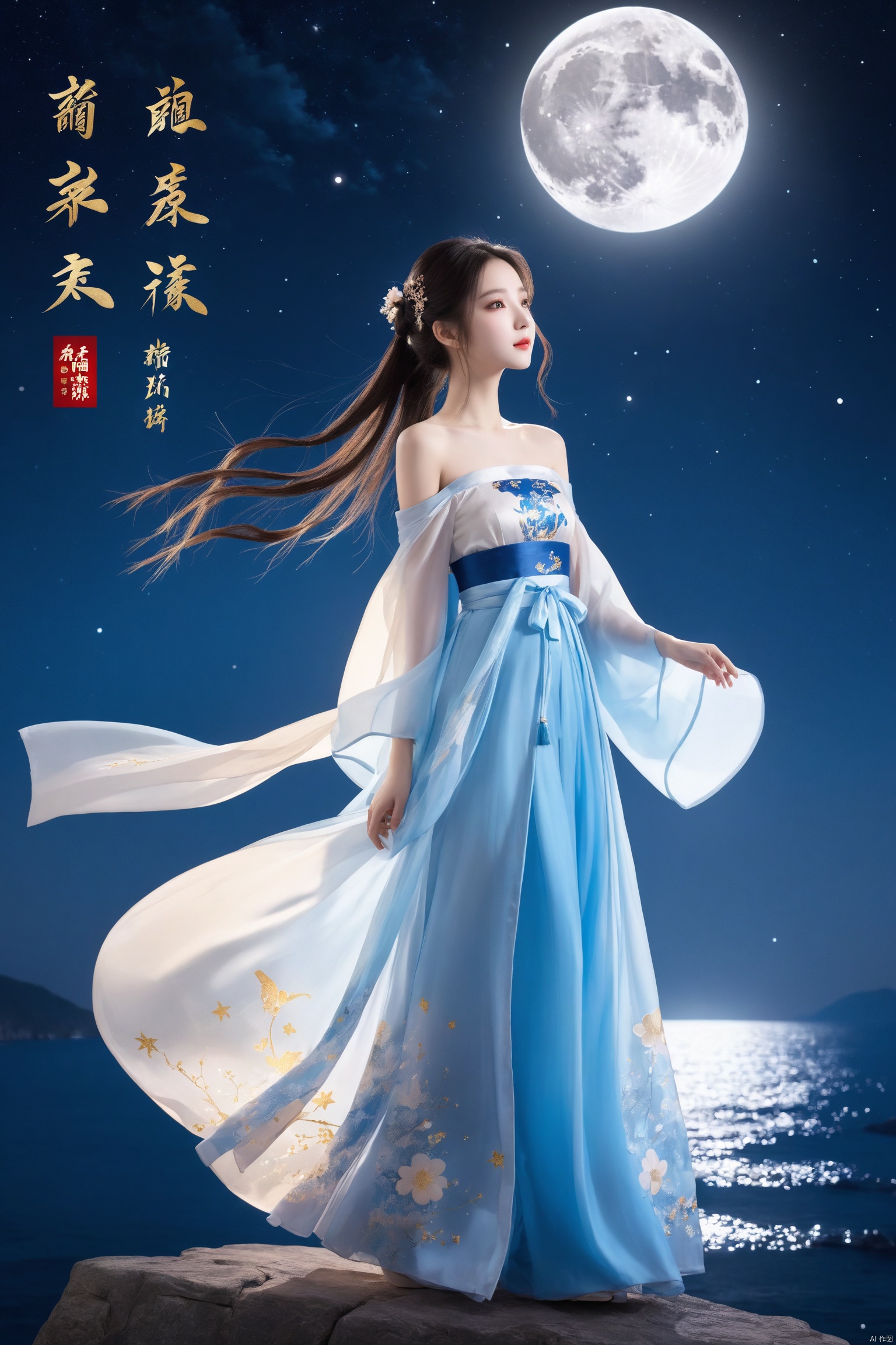  1girl,chinese hanfu,bare_shoulders,breasts,flying to the moon,full body,long hair,princess dress,starry sky,off-shoulder_dress,full moon,sea,blue theme,gradient,silhouette,rabbit,Chinese text,cloud,flower,