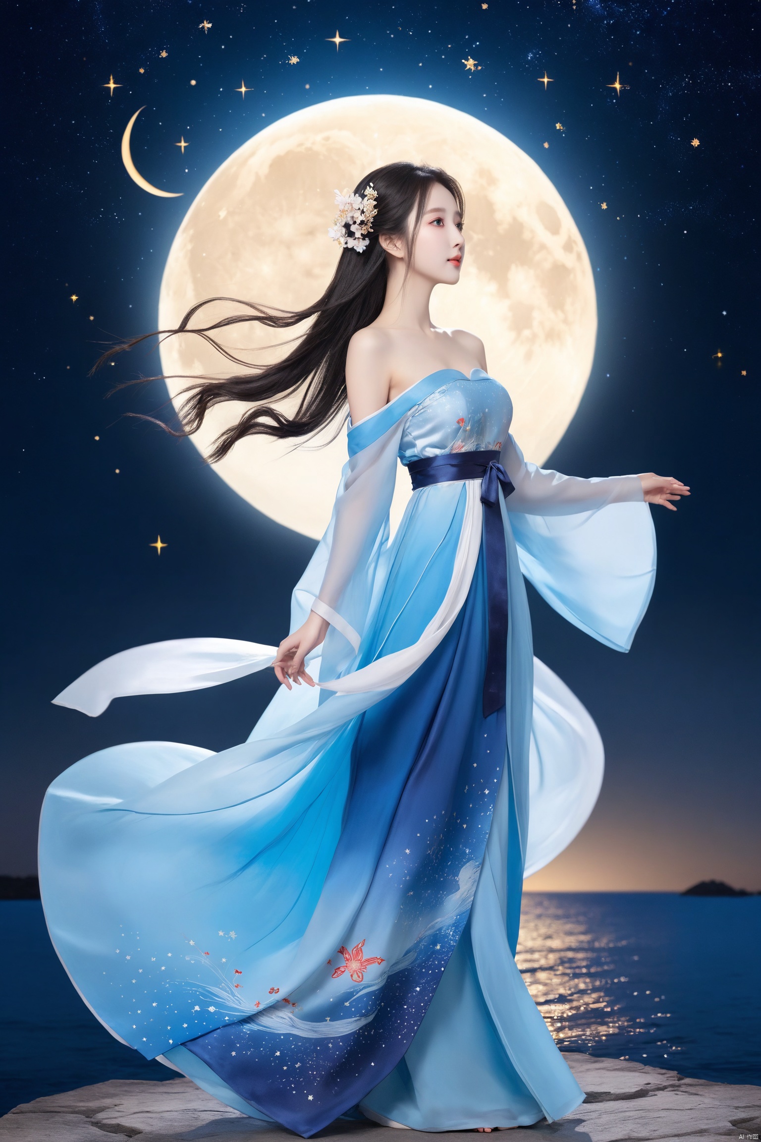  1girl,chinese hanfu,bare_shoulders,breasts,flying to the moon,full body,long hair,princess dress,starry sky,off-shoulder_dress,full moon,sea,blue theme,gradient,silhouette,rabbit,Chinese text,cloud,flower,