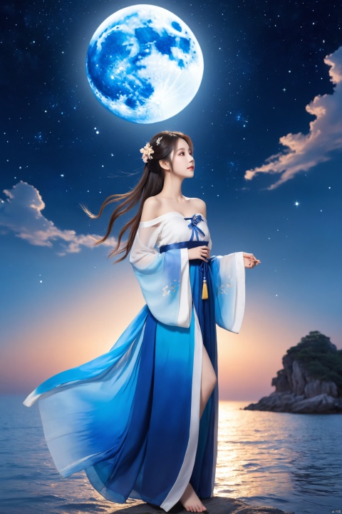  1girl,chinese hanfu,bare_shoulders,breasts,flying to the moon,full body,long hair,princess dress,starry sky,off-shoulder_dress,full moon,sea,blue theme,gradient,silhouette,rabbit,Chinese text,cloud,flower,