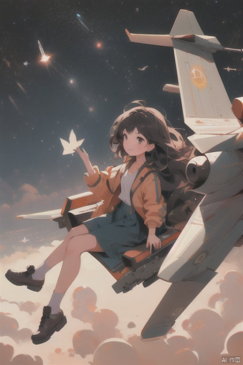 A girl pilot,Sitting on a fighter jet,Flying in the sky,There are many planets and planes in the sky