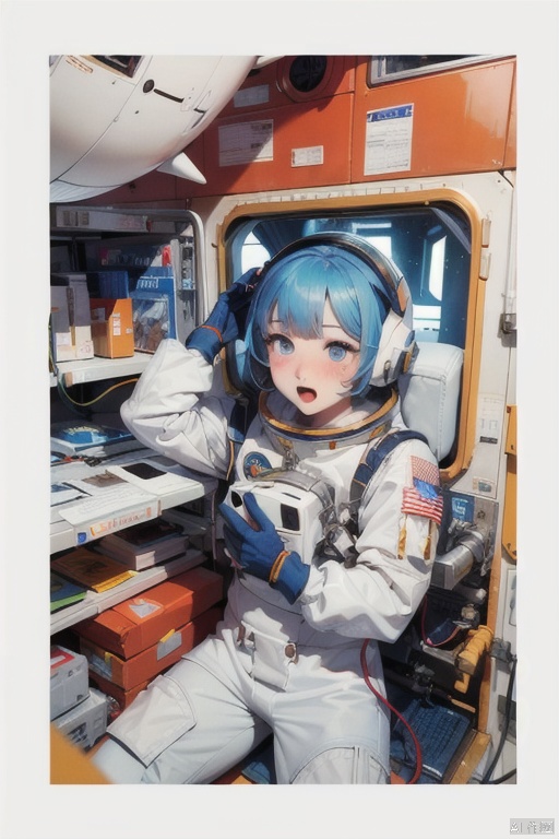 Astronauts, satellites, ships, planets,blush, open mouth, bangs, blue eyes, blue hair, helmet,