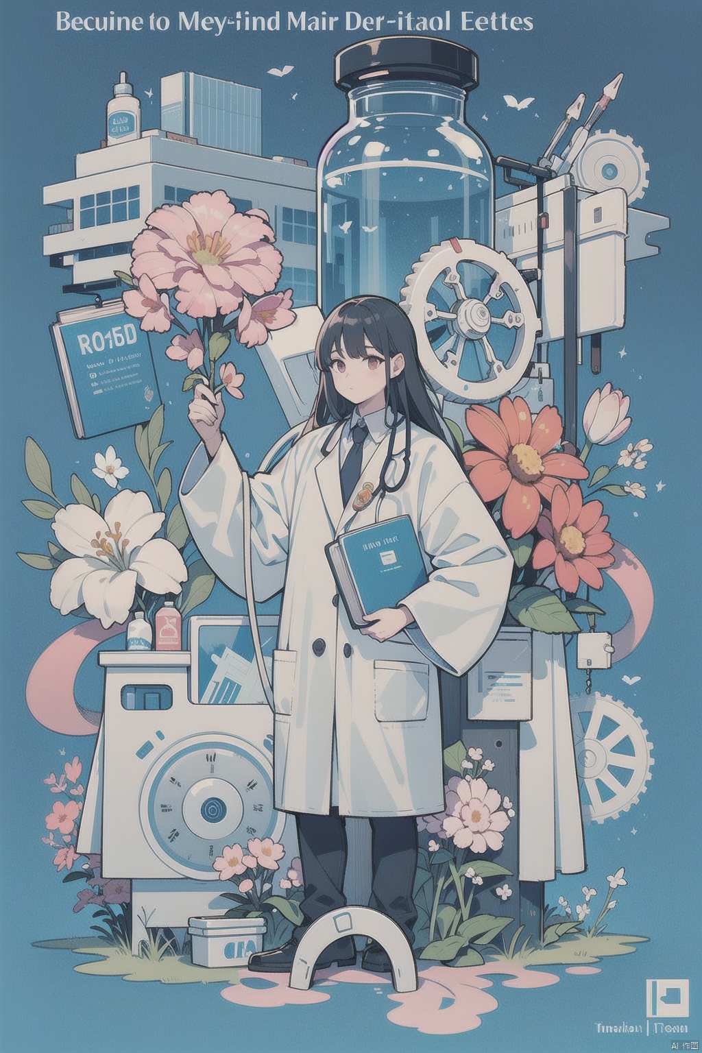  A half-body doctor with medical instruments, bottles, syringes, stethoscopes, gears, machinery, buildings, flowers in the distance, book, leaf, pink flower