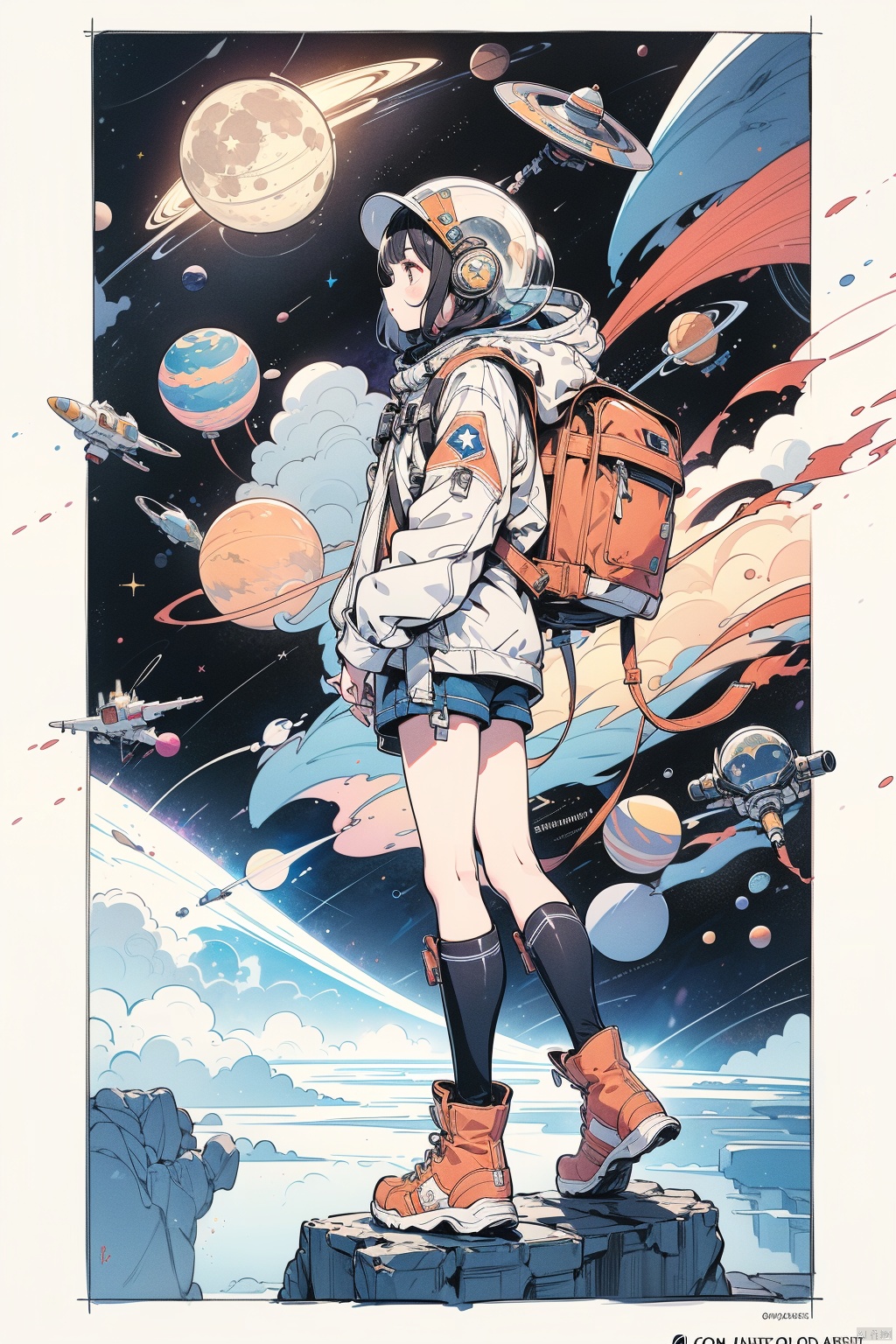  1girl, solo, hat, full body, boots, shorts, artist name, bag, star \(symbol\), profile, watermark, moon, backpack, space, planet, space helmet