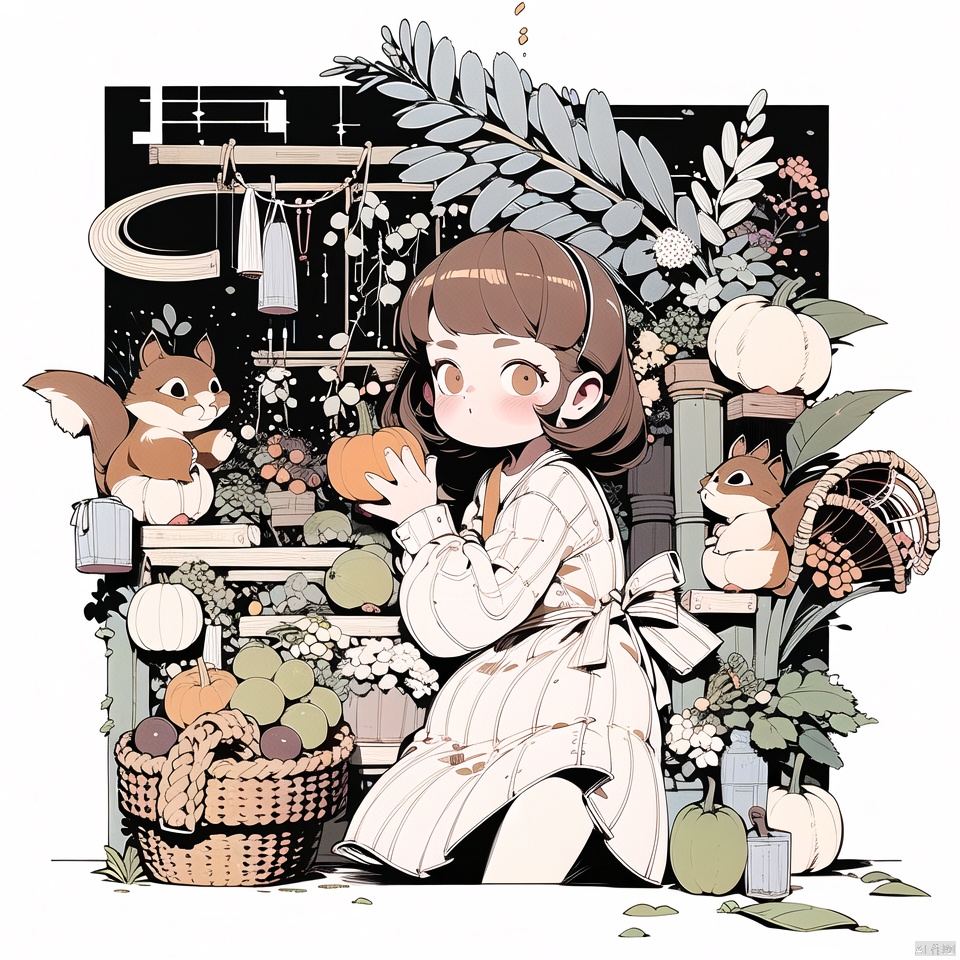  A half girl, beside a bamboo basket, bamboo basket with a lot of fruit, pumpkins, tomatoes, there is a small squirrel