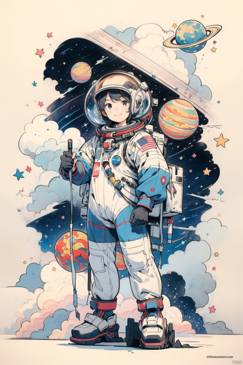  1boy solo, smile, Space suit, Astronaut hat, holding, standing, artist name, cloud, star \(symbol\), :3, watermark, traditional media, moon, star \(sky\), web address, space, planet, earth \(planet\)