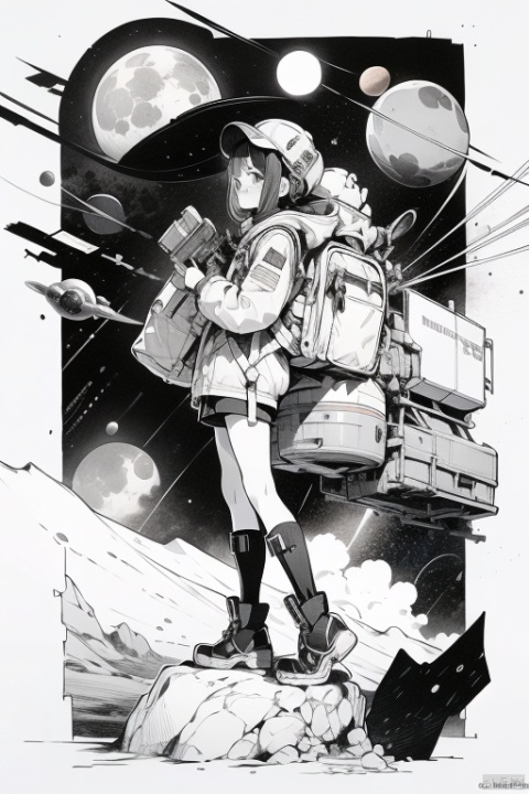 1girl, solo, hat, monochrome, full body, greyscale, boots, shorts, artist name, bag, star \(symbol\), profile, watermark, moon, backpack, space, planet, space helmet