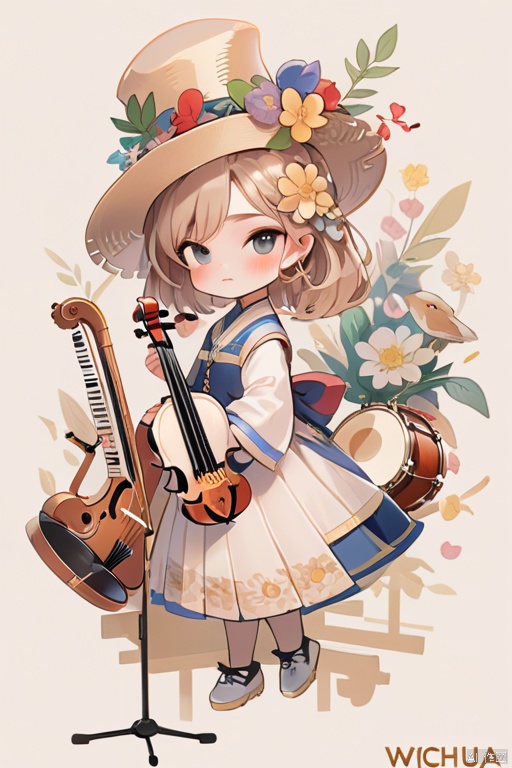  A half girl with a hat is a musician, and behind her are all kinds of instruments, no animals,piano, violin, zither, flower, watermark, traditional media, instrument, drum, chibi, wmchahua