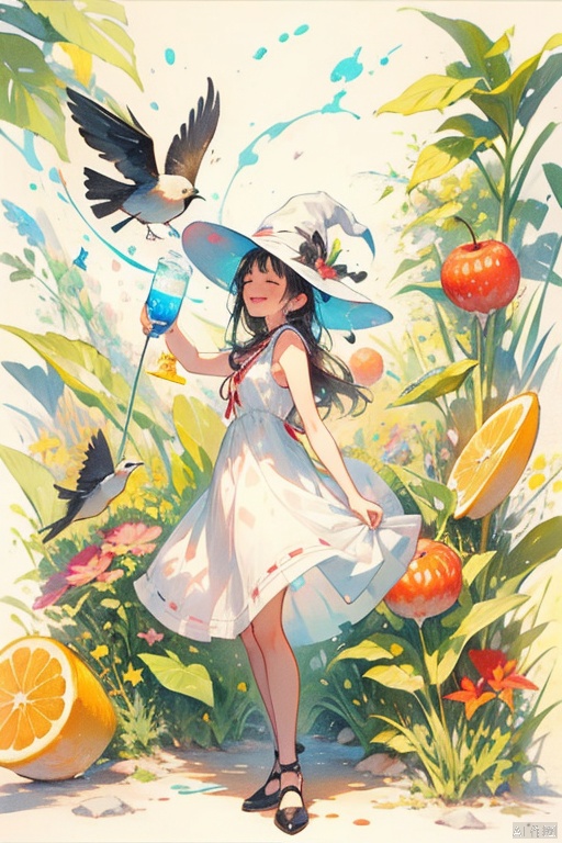 1girl, solo, long hair, blush, smile, bangs, black hair, hat, dress, holding, closed eyes, food, water, white dress, arm up, book, witch hat, fruit, sleeveless dress, bird, leaf, traditional media, instrument, musical note, eighth note, wand, beamed eighth notes, holding wand, TT