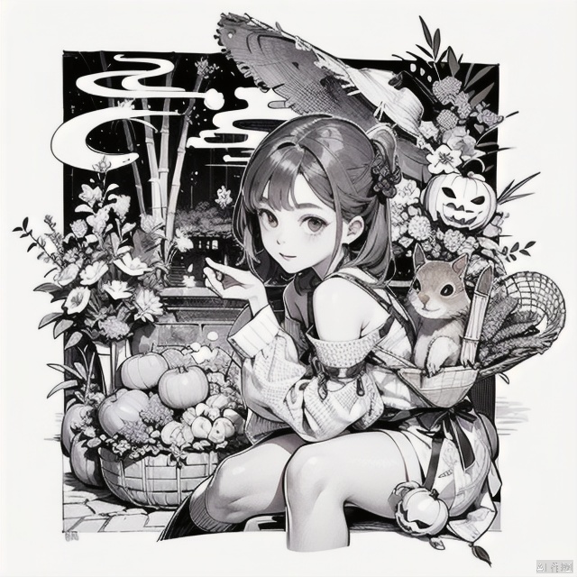 A half girl, beside a bamboo basket, bamboo basket with a lot of fruit, pumpkins, tomatoes, there is a small squirrel, (\ji jian\)