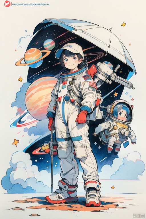 1boy solo, smile, Space suit, Astronaut hat, holding,  standing, artist name, cloud, star \(symbol\), :3, watermark, traditional media, moon, star \(sky\), web address, space, planet, earth \(planet\)
