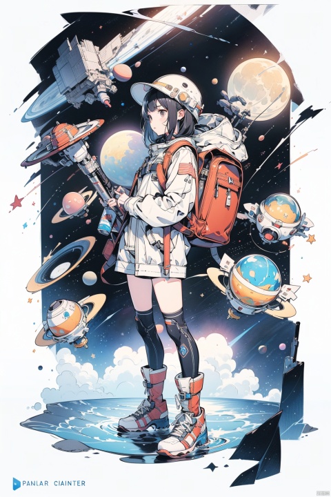  1girl, solo, hat, full body, boots, shorts, artist name, bag, star \(symbol\), profile, watermark, moon, backpack, space, planet, space helmet