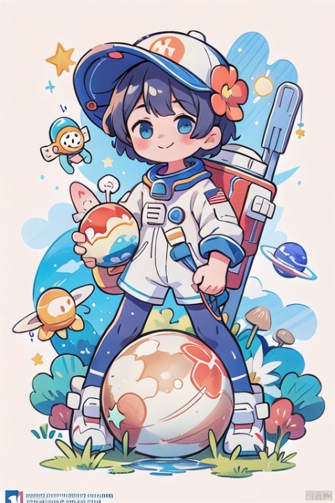 1boy solo, smile, Space suit, Astronaut hat, holding,  standing, shorts, artist name, cloud, star \(symbol\), :3, watermark, traditional media, moon, star \(sky\), web address, space, planet, earth \(planet\)