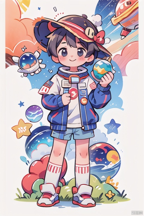 1boy solo, smile, shirt, Astronaut hat, holding,  standing, shorts, artist name, cloud, star \(symbol\), :3, watermark, traditional media, moon, star \(sky\), web address, space, planet, earth \(planet\)