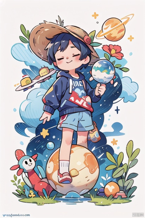 1boy solo, smile, shirt, hat, holding, closed mouth, standing, closed eyes, shorts, artist name, cloud, star \(symbol\), :3, watermark, traditional media, moon, star \(sky\), web address, space, planet, earth \(planet\)