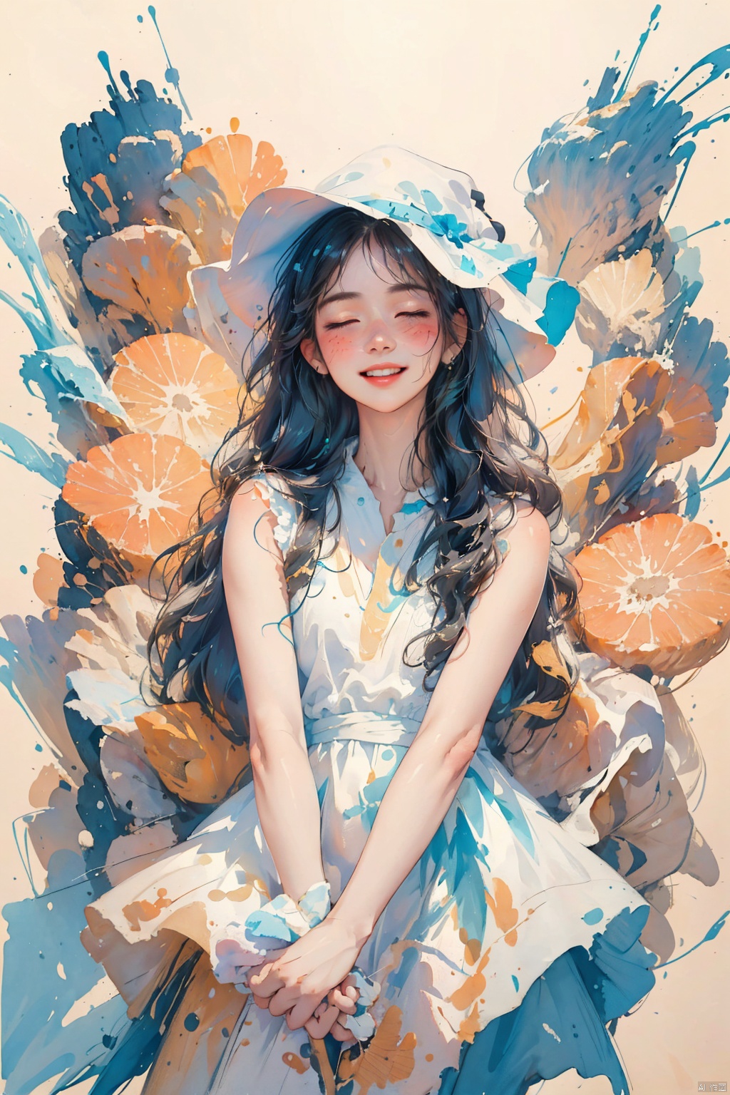 1girl, solo, long hair, blush, smile, bangs, black hair, hat, dress, holding, closed eyes, food, water, white dress, arm up, book, witch hat, fruit, sleeveless dress, bird, leaf, traditional media, instrument, musical note, eighth note, wand, beamed eighth notes, holding wand