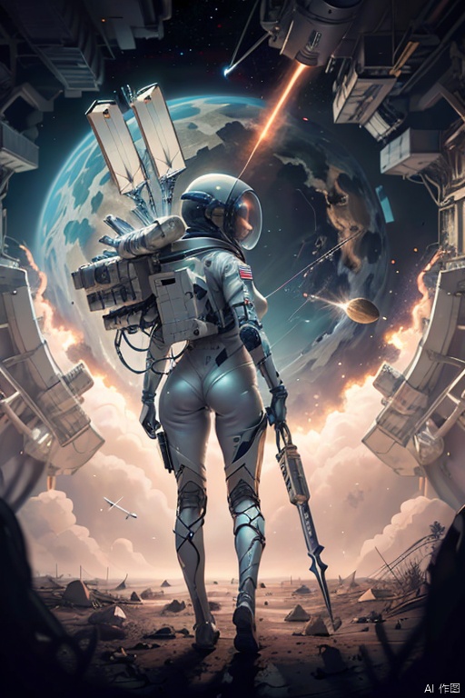 A girl with two legs, wearing an astronaut helmet, armor protective suit, two identical eyes, holding a space launch instrument grinding tool in her hand, carrying astronaut supplies on her back, with a normal body proportion