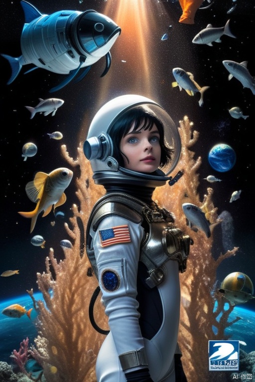1girl, solo, short hair, blue eyes, black hair, parted lips, hand up, bodysuit, helmet, fish, space, planet, earth \(planet\), spacecraft, spacesuit, space helmet, astronaut,A two legged woman wearing armor and protective clothing, exploring the mysteries of the seabed, with two equally sized eyes