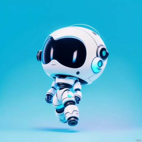 solo, simple background, full body, chibi, arm up, gradient, gradient background, no humans, blue background, robot, white eyes, no mouth, humanoid robot