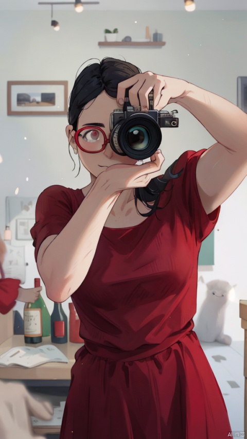 female, Wine red dress, black hair, focus, glasses, indoors, blurry, realistic, Single-lens reflex camera,HDR,Ultra HD,8K,Highly detailed,Best quality,masterpiece,