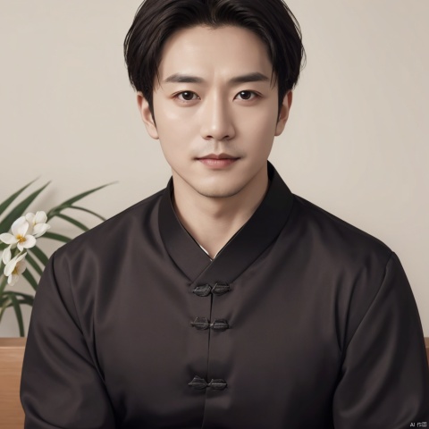  uncle,solo, looking at viewer, black hair, long sleeves,Han Chinese clothing, Mature male, Raise head,brown eyes, sitting, male focus, indoors, lips, realistic,Half body,Shoulder-length photo