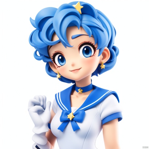 1girl, solo, looking at viewer, smile, short hair, bangs, blue eyes, simple background, gloves, white background, bow, jewelry, closed mouth, blue hair, upper body, heart, earrings, choker, white gloves, sailor collar, star \(symbol\), blue bow, magical girl, tiara, blue sailor collar, brooch, retro artstyle, 1990s \(style\), sailor senshi uniform, heart brooch, blue choker, star choker, mizuno ami, sailor mercury