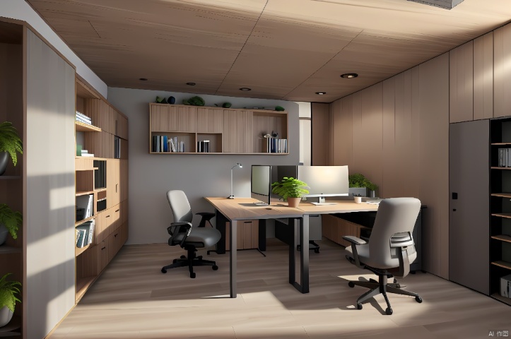 Office, lighting, 2 desktop computers, desk, ergonomic chairs, potted plants, green plants, cabinets, table lamps, Japanese solid wood style, one wall is gray, printer, computer desk in the middle, architectural photography