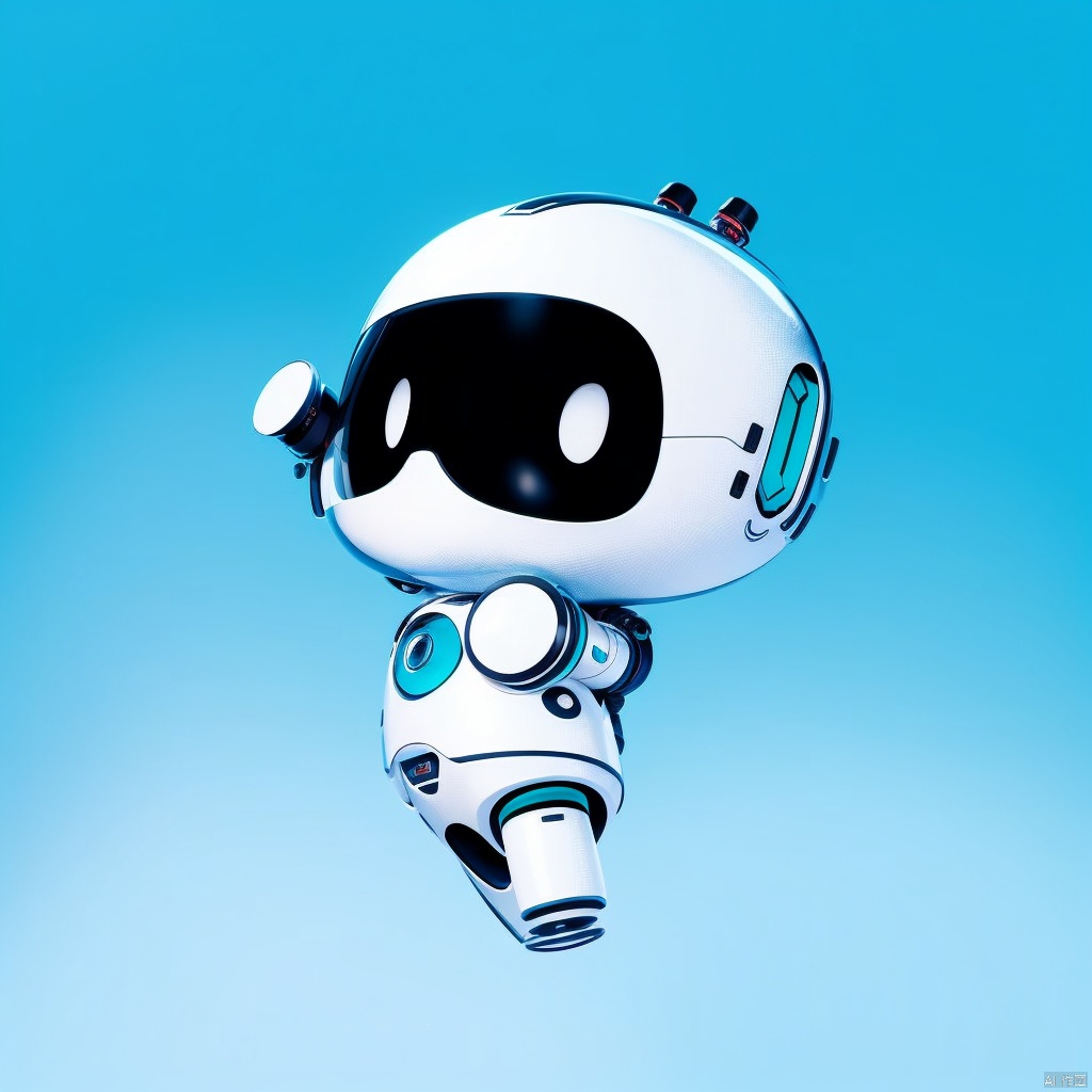 solo, simple background, full body, chibi, arm up, gradient, gradient background, no humans, blue background, robot, white eyes, no mouth, humanoid robot