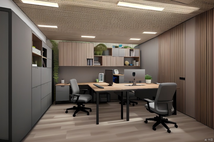 Office, with lights on top, 2 desktop computers, desk, ergonomic chairs, potted plants, green plants, cabinets, table lamps, Japanese solid wood style, one wall is gray, printer, computer desk in the middle, architectural photography