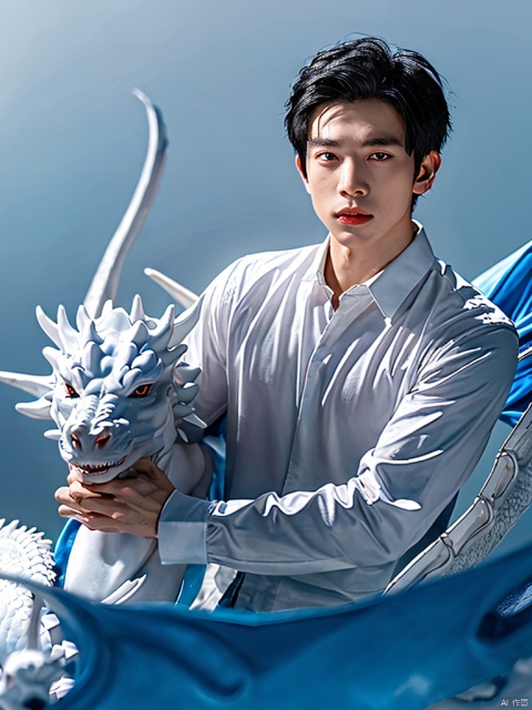  1boy, solo,A boy rides a White Dragon, sideways, looking at viewer, black hair, long sleeves,jewelry, upper body, black eyes, lips, ring, forehead mark,White Dragon,
