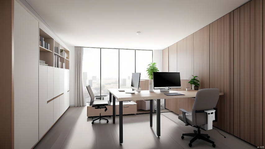 Office, desktop computer, desk, ergonomic chair, potted plant, cabinet, lamp, minimalist style, one wall is gray, printer, computer desk in the middle, architectural photography