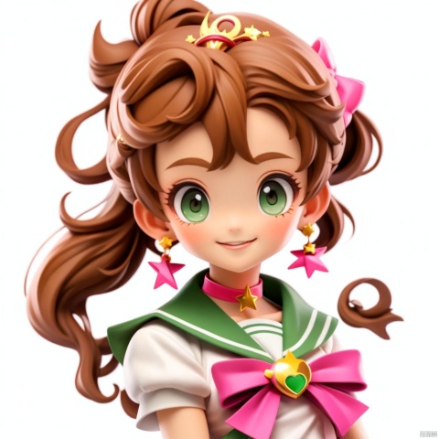 1girl, solo, long hair, looking at viewer, smile, simple background, brown hair, hair ornament, white background, bow, jewelry, green eyes, upper body, ponytail, earrings, choker, sailor collar, star \(symbol\), magical girl, tiara, high ponytail, hair bobbles, pink bow, brooch, sailor senshi uniform, heart brooch, green sailor collar, green choker, star choker, kino makoto, sailor jupiter
