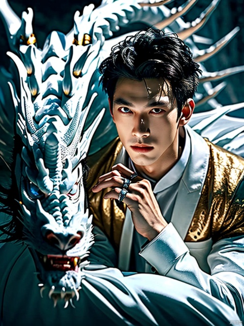  1boy, solo,A boy rides a White Dragon, sideways, looking at viewer, black hair, long sleeves,jewelry, upper body, black eyes, lips, ring, forehead mark,White Dragon,