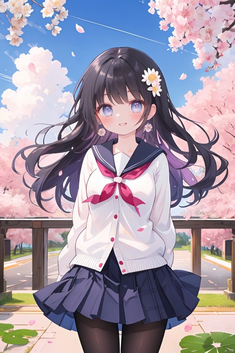 ((masterpiece)), (((best quality))), ((ultra-detailed)), ((illustration)), ((disheveled hair)), 1girl, arms_behind_back, bangs, black_hair, blue_eyes, blue_sky, blush, bouquet, braid, branch, breasts, bridge, cardigan, cherry_blossoms, cloud, daisy, dango, day, earrings, eyebrows_visible_through_hair, falling_petals, floral_background, flower, flower_earrings, flower_field, graduation, hair_flower, hair_ornament, hanami, holding_bouquet, holding_flower, jewelry, leaves_in_wind, lily_\(flower\), long_hair, long_sleeves, looking_at_viewer, lotus, outdoors, pantyhose, parted_lips, petals, petals_on_liquid, pink_flower, pink_rose, plaid, pleated_skirt, plum_blossoms, purple_flower, rose_petals, sailor_collar, sanshoku_dango, school_uniform, serafuku, skirt, sky, smile, solo, spring_\(season\), standing, tree, tube, vase, wagashi, white_flower, wind, wisteria