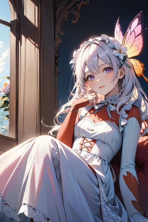 (Fairy-tale style AND sketching AND perspective painting), (Glowing butterfly :1.3), (a girl sitting sideways :1.5), (Makeup :1.3), long white hair, beautiful face, delicate features, ((close one eye)), (happy smile), camellia hair accessories, pure temperament, (hands drooped), (White lace Lolita dress :1.3), Medium lens, Full Body, semi-backlight, Arnold, Carrara, CG, OC render, UE5, f / 16 aperture, Full HD, High Detail, Ultra High Quality, High resolution, More detailed Detail, Ultra fine painting