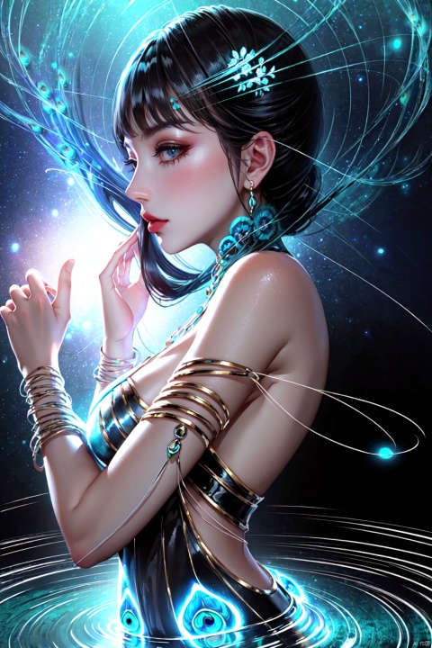 Concept art, surreal, Arnold, Carrara, vivid colors, light tracing, semi-backlight, medium, (an Oriental goddess standing above a sea of stars :1.5), (Magic Circle), (solo :1.3), long black hair, sexy figure, (transparent peacock dress :1.5), ((beautiful delicate features)), (vivid expressions), ((hands droop)), (halos AND white foam), (biofluorescence AND starlight effects), (ripples on water surface spread out :1.5), dreamy atmosphere, imaginative story, (character close-up), captivating visuals, CG, OC rendering, UE5, Soft focus, f/16 aperture, Best quality, Ultra HD, Ultra High Resolution, Top Quality, Masterpiece, 8K resolution, Complex Detail, Ultra Detailed Detail, fazhen, sky, ((poakl))