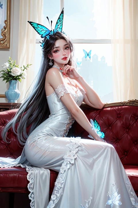 (Fairy-tale style AND sketching AND perspective painting), (Glowing butterfly :1.3), (a girl sitting sideways :1.5), (Makeup :1.3), long white hair, beautiful face, delicate features, ((close one eye)), (happy smile), camellia hair accessories, pure temperament, (hands drooped), (White lace Lolita dress :1.3), Medium lens, Full Body, semi-backlight, Arnold, Carrara, CG, OC render, UE5, f / 16 aperture, Full HD, High Detail, Ultra High Quality, High resolution, More detailed Detail, Ultra fine painting