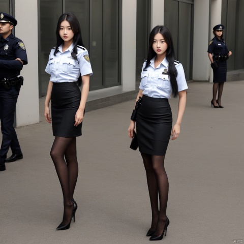 1 girl with black long hair, wearing a short-sleeved police uniform, black pencil skirt, and black high heels.Black tights
Standing up
Full body photo