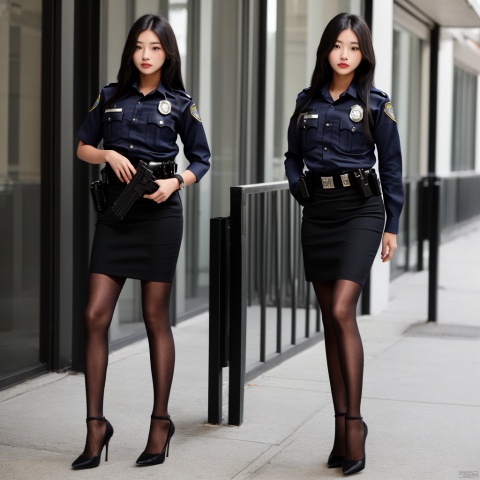 1 girl with black long hair, wearing a short-sleeved police uniform, black pencil skirt, and black high heels.Black tights
Standing up
Full body photo