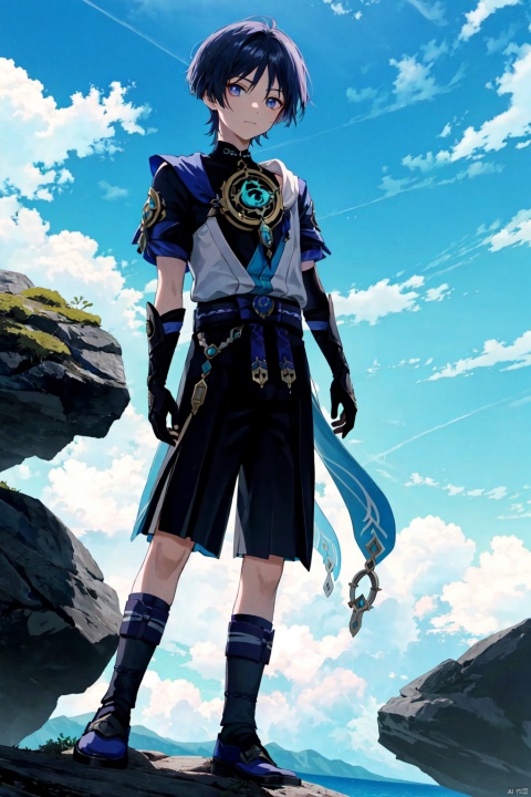 masterpiece,best quality, highly detailed, scaramouche (genshin impact) standing on top of a rock,1boy,male focus,solo,short sleeves,looking at viewer,closed mouth,black shirt, trees and blue sky in the background