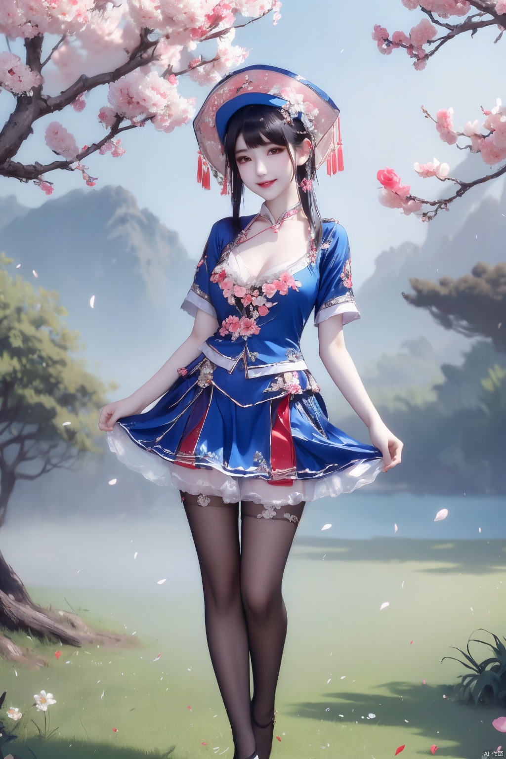  zhuangzu, 1girl, solo, hat, many flowers,petal,branch,white background, outdoor, skirt, looking at viewer, smile,tears,nude,naked,bare breasts,bare *****,breasts,*****,blue pantyhose,no panties,full body,blue_legwear