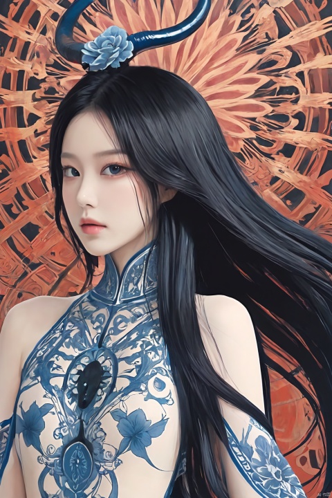  divine beast, intricate detail borders, (mandala, tangle, entangle),(blue black tone), flat color, limited palette ,low contrast,solo, serafuku, long straight black hair, lycoris flower, (goat skull), (horror), (gloomy),( hollow eyes), loong, black and white, line art, 1girl,full body,nude,naked,breasts,pussy,pussy juice,pantyhose,cum in pussy,tattoo