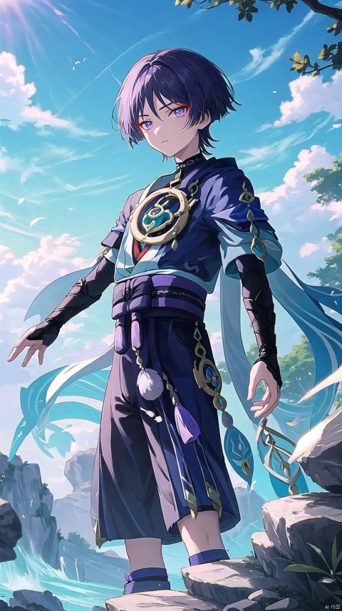  masterpiece,best quality, highly detailed, scaramouche (genshin impact) standing on top of a rock, 1boy, male focus, solo, short sleeves, looking at viewer,closed mouth, black shirt, trees and blue sky in the background, scaramouche (genshin impact),1boy
scaramouche_\(genshin_impact\), wanderer_\(genshin_impact\), 1boy, male_focus, highres, short_hair, purple_eyes, purple_hair, black_shirt, vision_\(genshin_impact\), japanese_clothes, dark purple_eyes,best_quality
