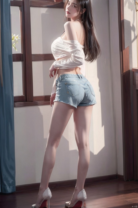  Girl's Full Body Photo, Winter, Realism, 8K, Sexy Short Jeans, White Shirt Long Sleeve, Detail Face, Pretty Face, Master of Light, Huge Flowers, Long Bare Legs, High Heels, Light, Blue Theme, World of Flowers, Big Breasts,shorts, sideboob, gufengsw001, 1 girl, bikini, shidudou